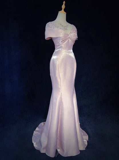 Robes de Bal Vintage, Inspiration Sirène, Épaules Dénudées, Satin Rose Années 80 avec Dentelle, Robes de Soirée N3374