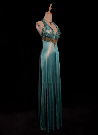 Wunderschöne Abschlussballkleider, A-Linie, Neckholder, Blau, rückenfrei, Satin mit Rüschenoberteil, lange Abendkleider N3373