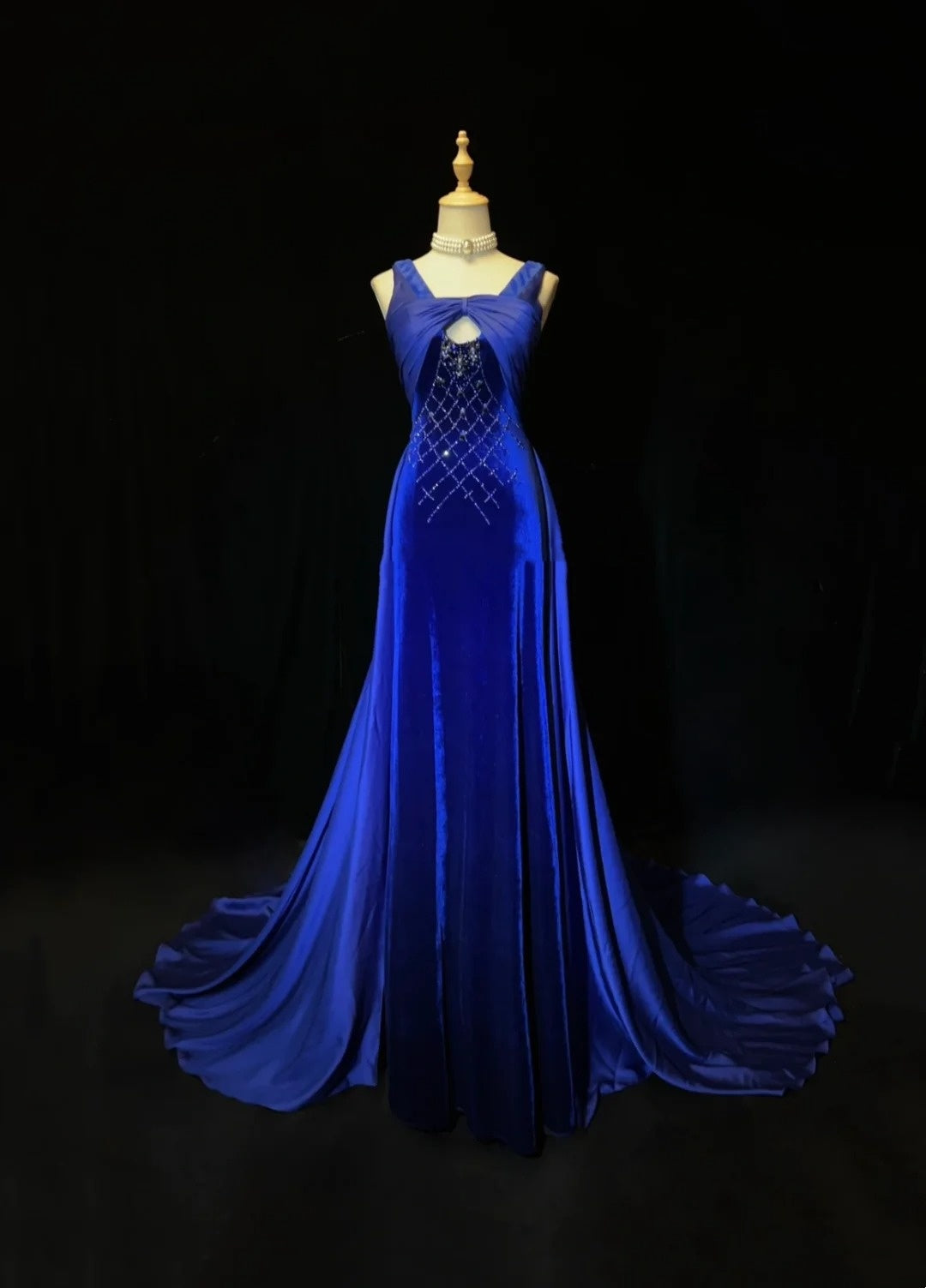 Vintage Ballkleider Meerjungfrau Königlich Blau Samt Ärmellos Mit Perlen 90er Lang Formelles Kleid N2902