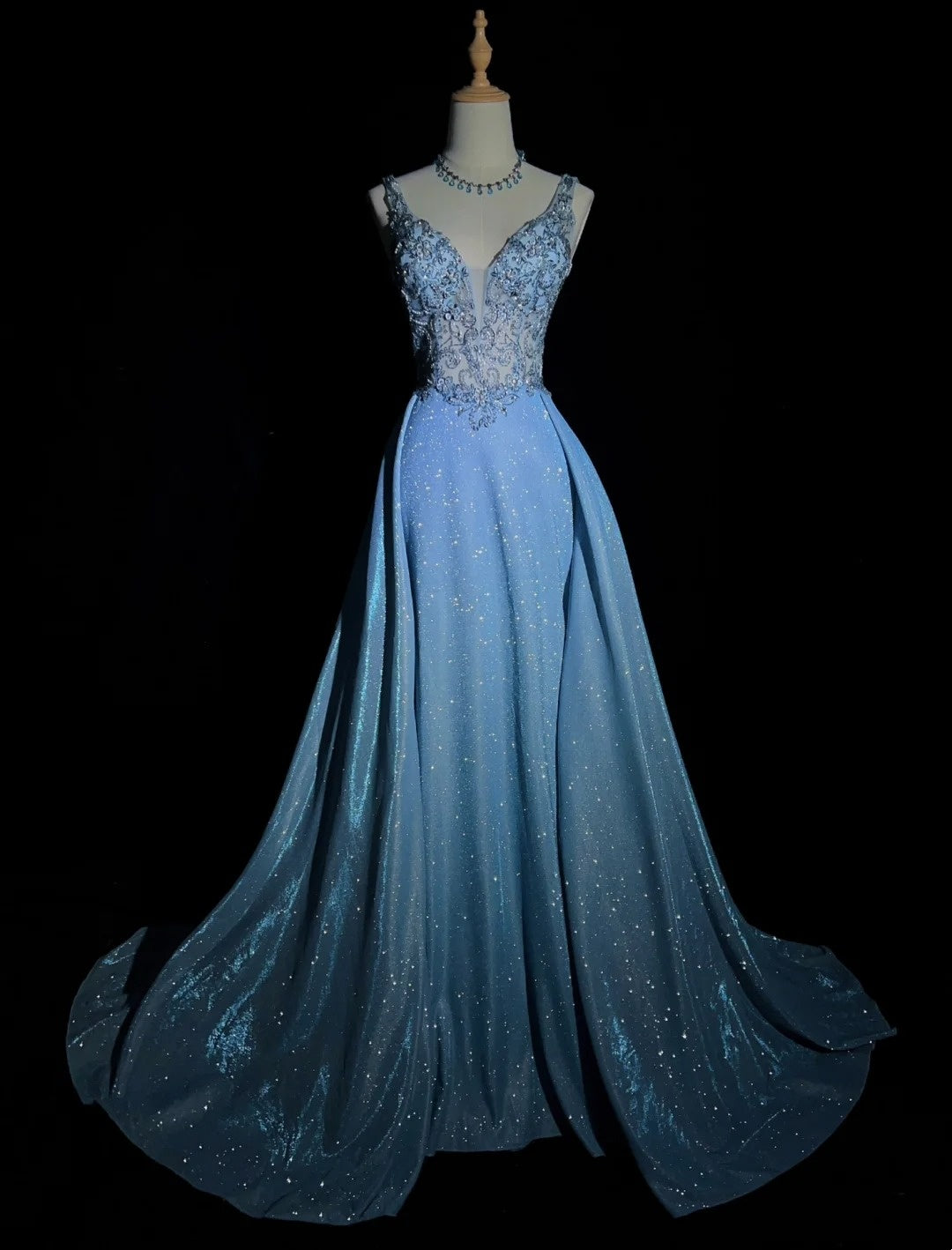 Inspiration Robes de Bal Élégantes Sirène Col V Bretelles Paillettes Bleues avec Volants pour Femmes Robe de Soirée N3227