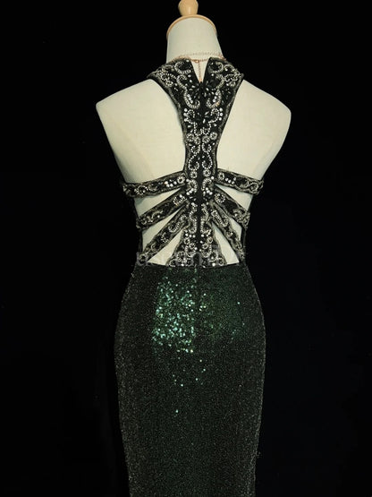 Robes de bal scintillantes Inspo Sirène Années 90 Col Bijou Vert Foncé Avec Fente Pour Femme Robe Formelle N3271