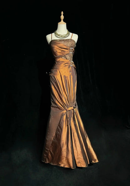 Idées de robes de bal vintage sirène à fines bretelles marron avec perles robe de soirée longue années 80 N2738