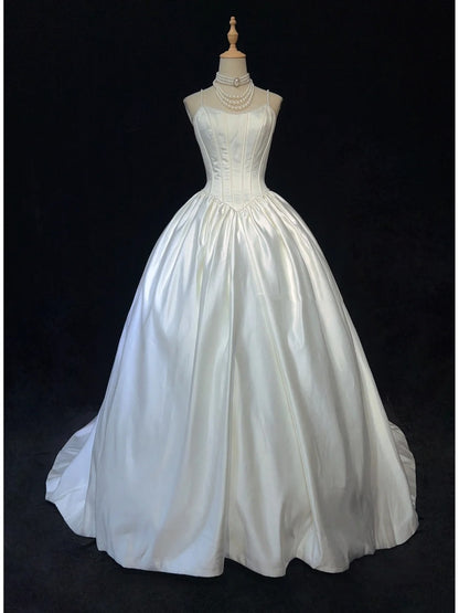 Einzigartige Hochzeitskleider, Ballkleid, Spaghettiträger, Weiß mit gerafften Perlen, langes Brautkleid N3629