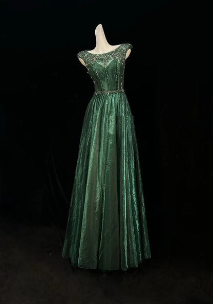 Vintage Prom Dresses A line Scoop Emerald Green Satin Long 2000s Party Evening Formal Gown RC1142