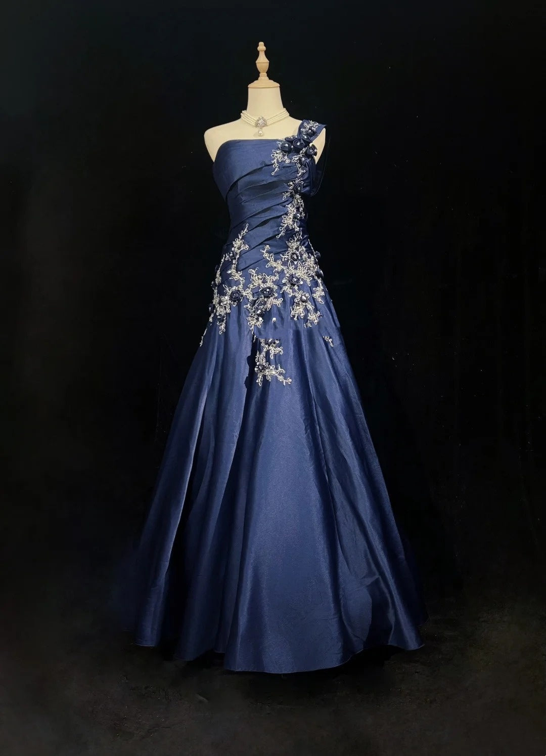 Navy Blue Prom Dress Inspo Mermaid One Shoulder Lace Satin 18th Birthday Outfits Formal Party Gown RC0116
