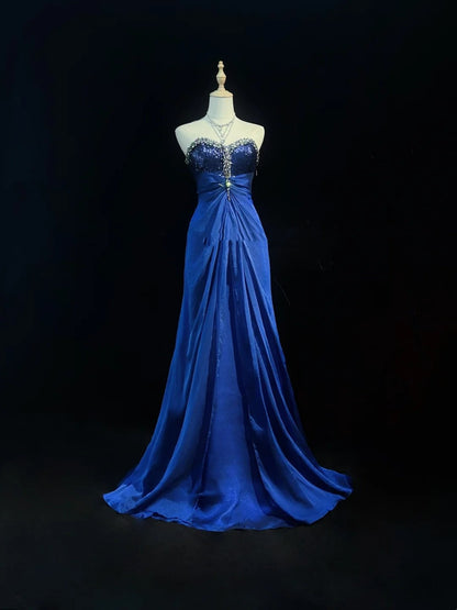 Vintage Prom Dresses 1960s Mermaid Sweetheart Royal Blue Chiffon With Beaded Long Prom Gown N3115