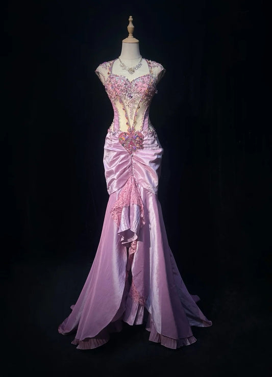 Vintage Abschlussballkleider Meerjungfrau Sweetheart Lila Spitze Satin mit Perlenstickerei 80er Jahre Lange Formelle Abendkleider N3883