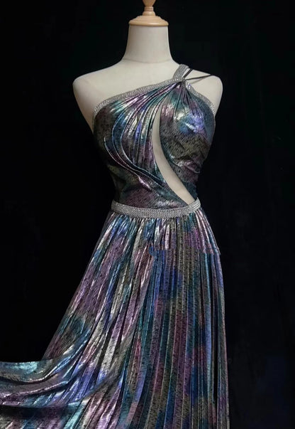 Vintage-Abschlussballkleider 1980er A-Linie One-Shoulder Perlenbesetztes langes Abschlussballkleid N3121