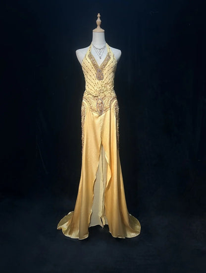 Modestes Robes de Bal de Fin d'Année pour Lycée Inspiration Coupe Droite Licou Jaune Semi-Formel Longues Robes de Bal pour Adolescentes AB2153