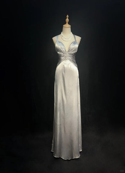 Vintage Prom Dresses 2000er Jahre A-Linie Neckholder Silbergrau mit Rüschen langes Ballkleid N3028