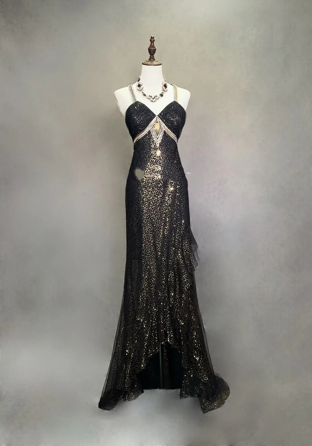Vintage Prom Dresses Mermaid Halter Black Sequin 70s With Beading Backless Long Formal Dress N2518