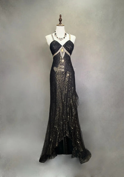 Vintage Prom Dresses Mermaid Halter Black Sequin 70s With Beading Backless Long Formal Dress N2518