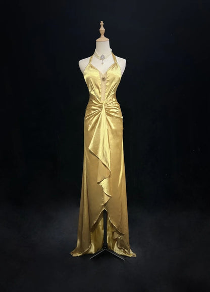 Robe De Soirée Longue Plissée De Bal Années 2000 Vintage Taille Haute Asymétrique Dorée Coupe A Sans Manches N2585