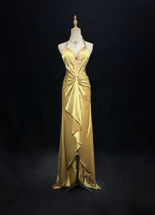 Vintage High Low 2000er A-Linie Neckholder Gold Mit Falten Formales Kleid Lange Ballkleider N2585