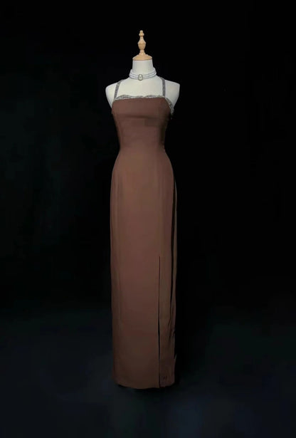 Vintage Prom Dresses Sheath Spaghetti Straps Slit Chocolate 2000s Party Evening Formal Gown RC1137