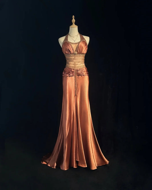 Vintage Y2K Meerjungfrau 2000er Jahre Staubiges Orange Ombre Kleid Farbverlauf Halter Neck Abendkleid Ballkleid N2571