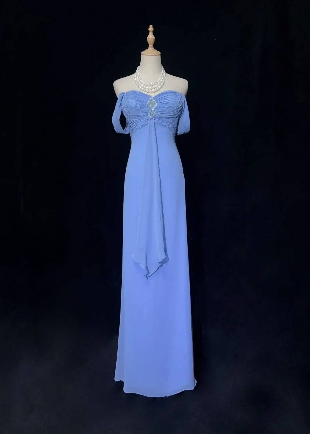 Vintage Prom Dresses A line Off The Shoulder Blue Chiffon With Beading Cape 1970s Long Formal Gown N2612