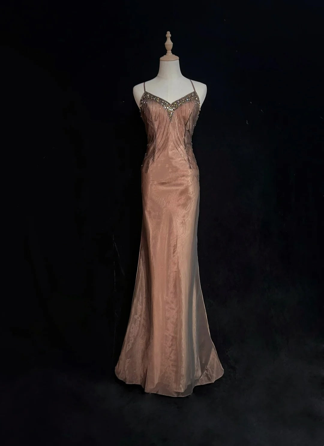 Robes de bal vintage Sirène Bretelles Spaghetti Marron sans manches en Mousseline Années 80 Robe longue de soirée N2860