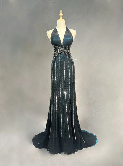Vintage Ballkleider 1980er Meerjungfrau Neckholder Schwarz Chiffon mit Perlen Langes Ballkleid N3122