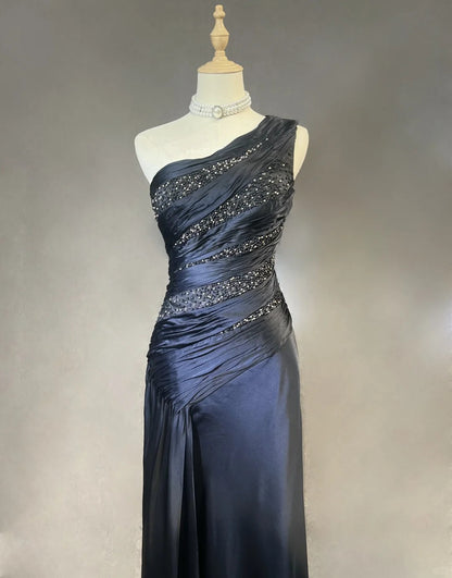 Robes de bal élégantes sirène asymétrique en satin noir cravate robe de soirée formelle longue perlée N3704