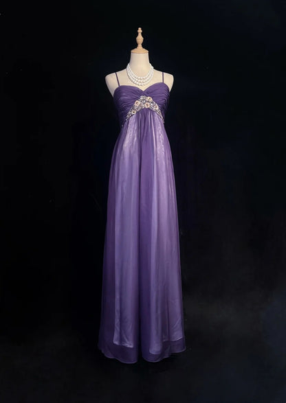 Vintage Prom Dresses 1960s A line Spaghetti Strap Grape Tulle With Flowers Sleeveless Prom Dresses Evening Formal Outfits RB5133