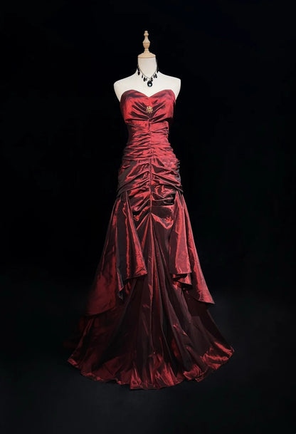 Robes de bal vintage des années 90, sirène, bustier cœur, taffetas bordeaux avec longue robe de bal à volants N3031