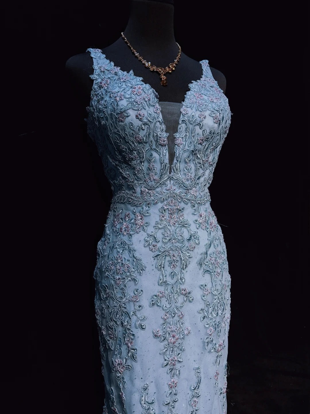 Inspiration Robes de bal vintage Sirène Col en V Bleu ciel clair Longues années 1990 avec appliques de dentelle Robes de soirée N3359
