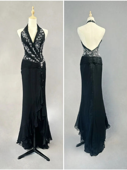 Robes de bal modestes sirène licou en mousseline avec perles pour soirée formelle N3858