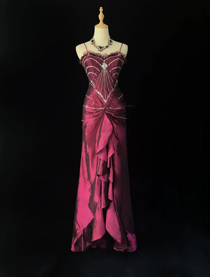 Vintage Abschlussballkleider Meerjungfrau Spaghettiträger Lila mit Perlen Tüll 90er Jahre Langes Abendkleid N2886