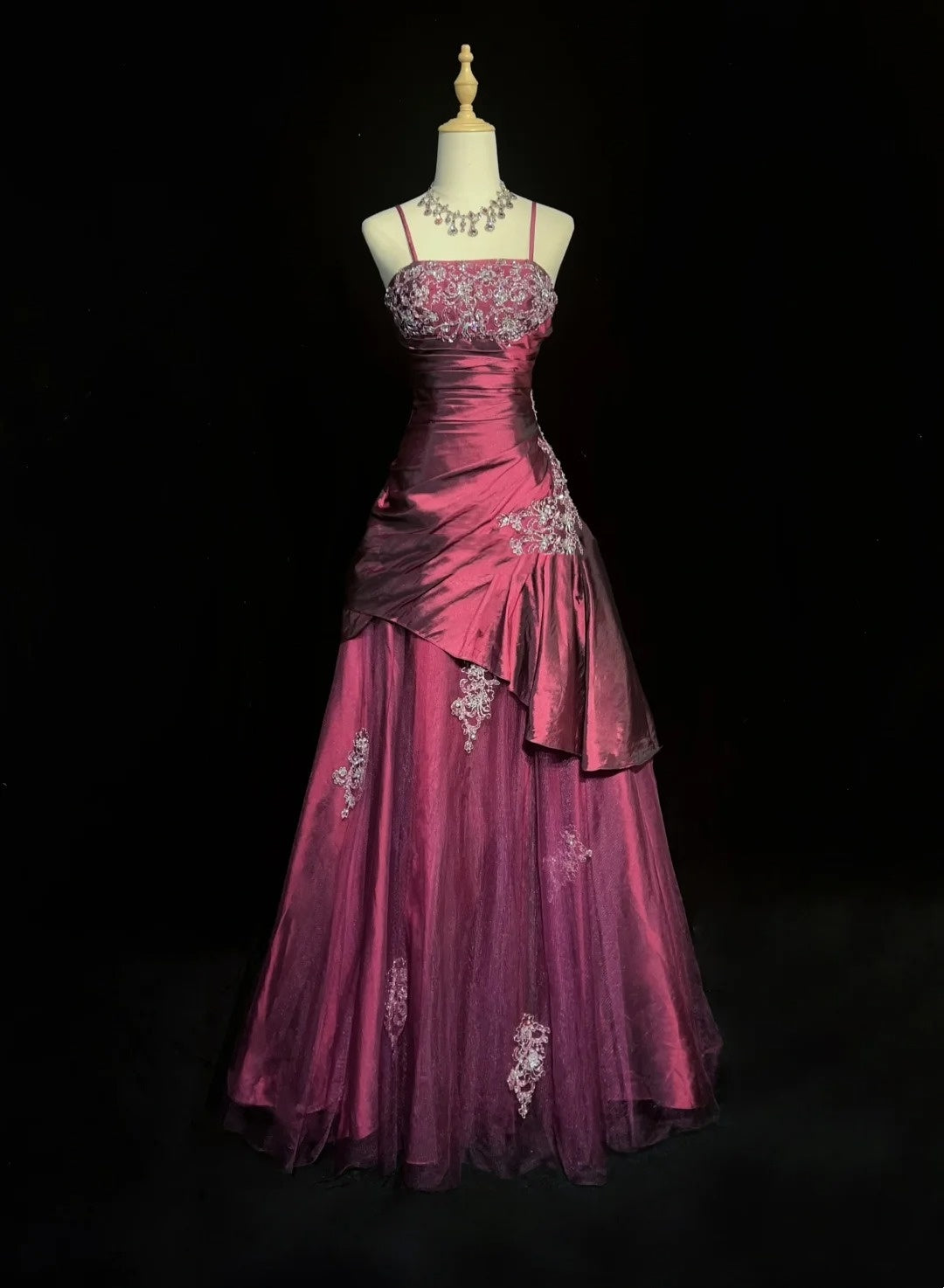 Robes de bal de promo vintage, robe de bal, bretelles spaghetti, fuchsia, sans manches, taffetas, années 90, longue robe de soirée N2878