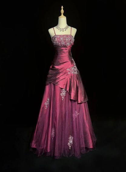 Robes de bal de promo vintage, robe de bal, bretelles spaghetti, fuchsia, sans manches, taffetas, années 90, longue robe de soirée N2878