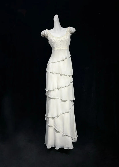 Cute A Line Square Neck White Chiffon With Beads Prom Dresses Formal Outfits RB3939