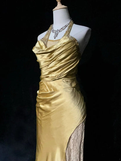 Bescheidene Ballkleider Meerjungfrau Neckholder Gold Satin mit Perlenstickerei Spitze Langes Festliches Abendkleid N3865