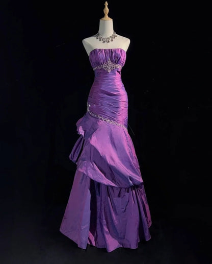 Vintage Abschlussballkleider Meerjungfrau Trägerlos Taft Lila Mit Perlen 1980er Jahre Langes Abendkleid N2625