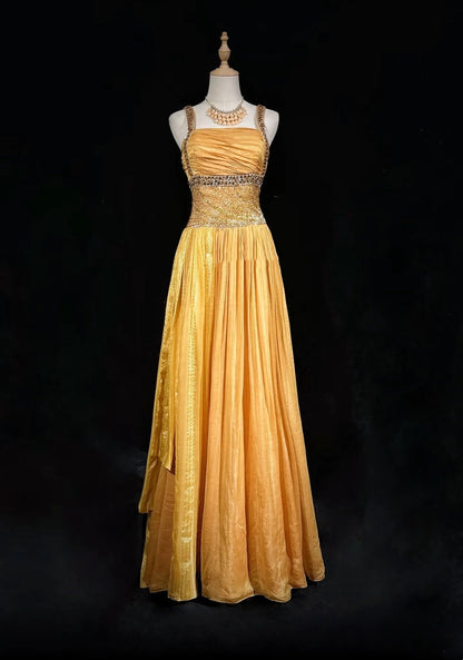 Robe de Soirée Formelle N4198 pour 18ème Anniversaire, Élégante, Jaune Carré, Coupe Trapèze, avec Perles