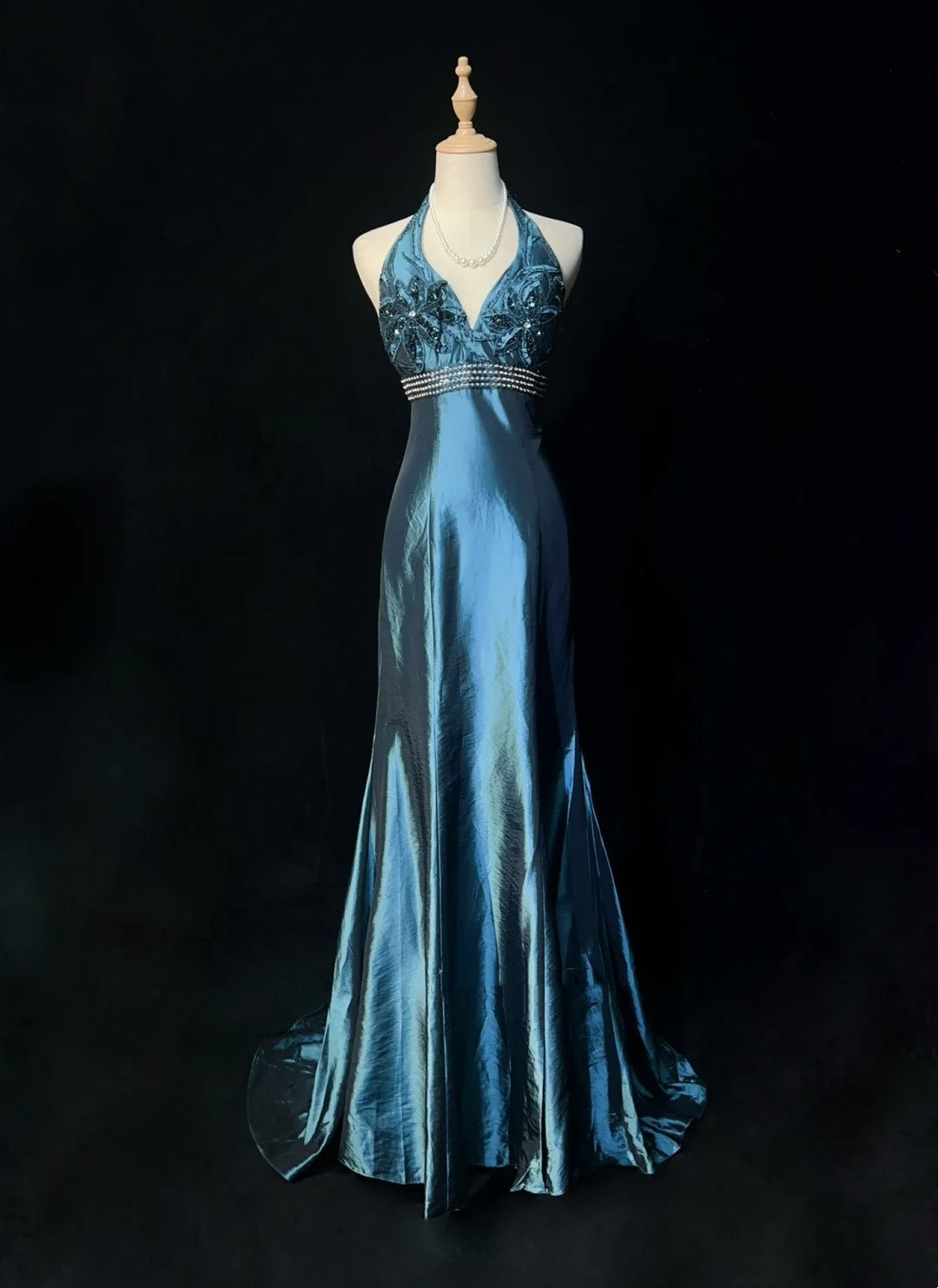 Robes de bal vintage sirène dos nu col en V bleu marine années 1990 longue robe de soirée N2642