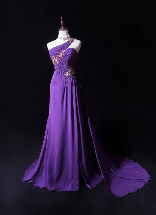 Vintage Abschlussballkleider A-Linie One Shoulder Lila Chiffon 80er Jahre mit Perlen Lang Formelle Abendgarderobe N3889