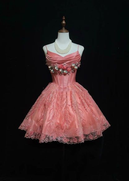 Jolie Robe de Bal Courte à Bretelles Fines Paillettes Roses avec Fleurs 3D en Tulle pour Retour à la Maison N2527