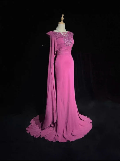 Robes de bal vintage Sirène Asymétrique Rose vif Mousseline sans manches Années 90 Longue Robe de soirée formelle N2638