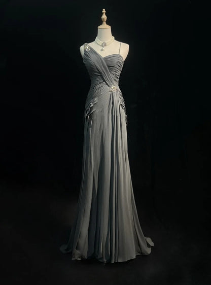 Einfache Ballkleider Meerjungfrau Spaghetti-Träger Grau Chiffon Bodenlang Rüschen Formelles Abendkleid N3685