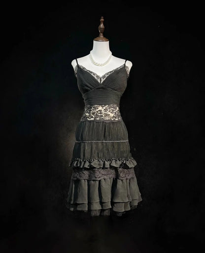 Robes de bal de fin d'année courtes en mousseline de soie noire, coupe trapèze à fines bretelles, style français, N2458