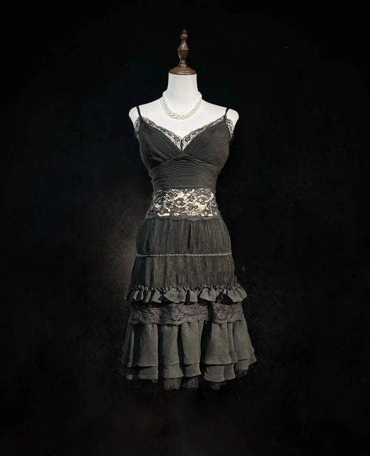 Französischer Stil A-Linie Spaghettiträger Schwarzes Chiffon Kurzes Mini-Heimkehrkleid N2458