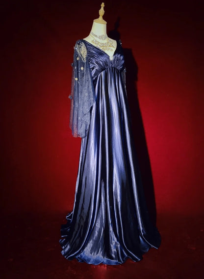 Vintage Ballkleider Inspo A-Linie Empire V-Ausschnitt Marineblau Satin 90er Mit Ärmeln Abendkleider N3314