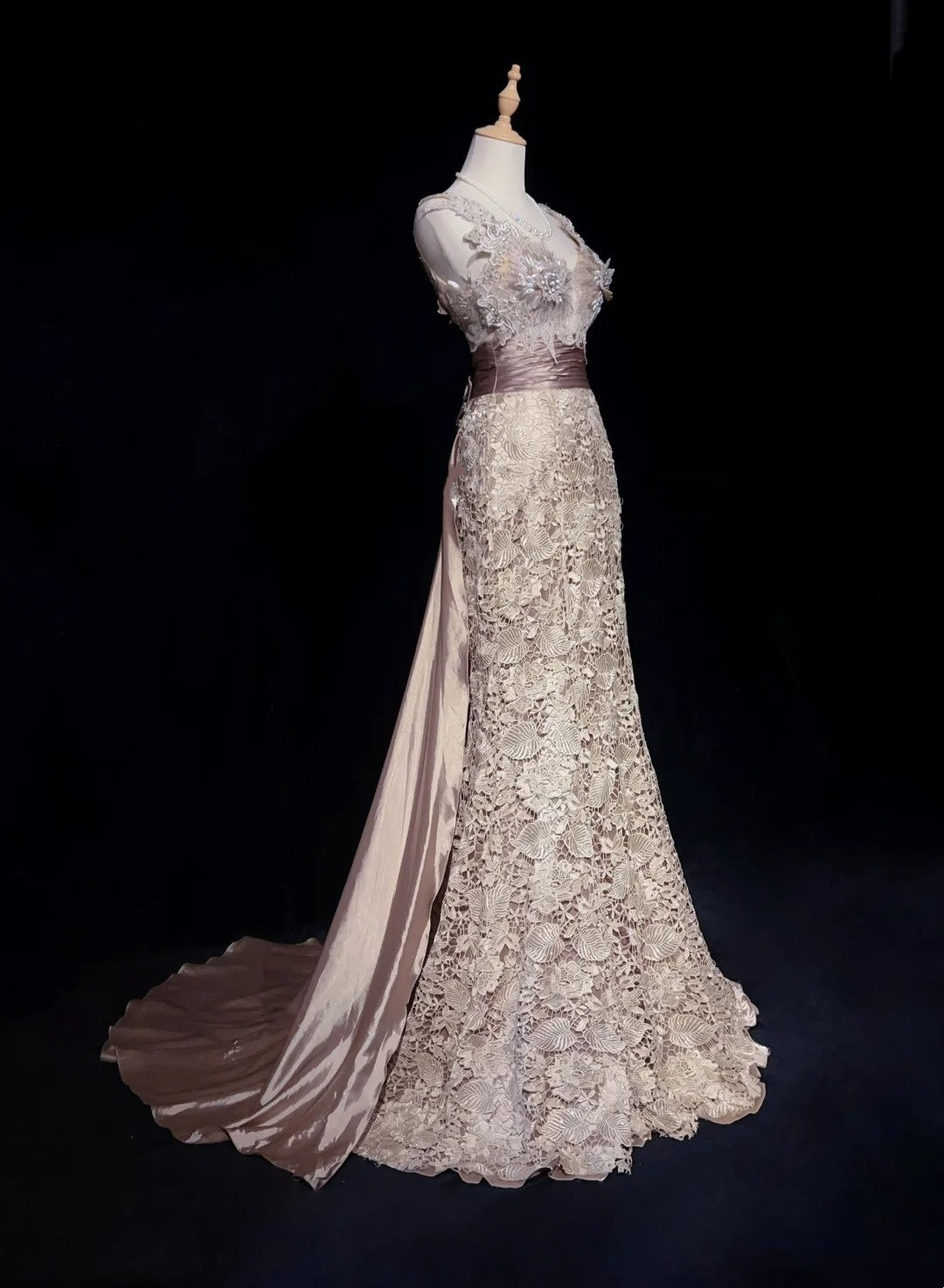 Robes de bal vintage des années 1980 Sirène Col en V Dentelle Rose avec Appliques Perles Longue Robe de Bal N3112