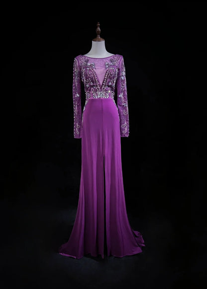 Vintage Abschlussballkleider A-Linie Lila Chiffon 90er Jahre mit Perlen Lang Festliches Partykleid N2514