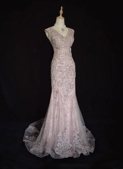 Vintage Prom Dresses Mermaid V Neck Pink Lace 80s Long Formal Evening Outfits N3875