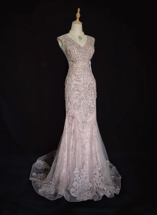 Vintage Prom Dresses Meerjungfrau V-Ausschnitt Pink Spitze 80er Jahre Lange Formelle Abendgarderobe N3875
