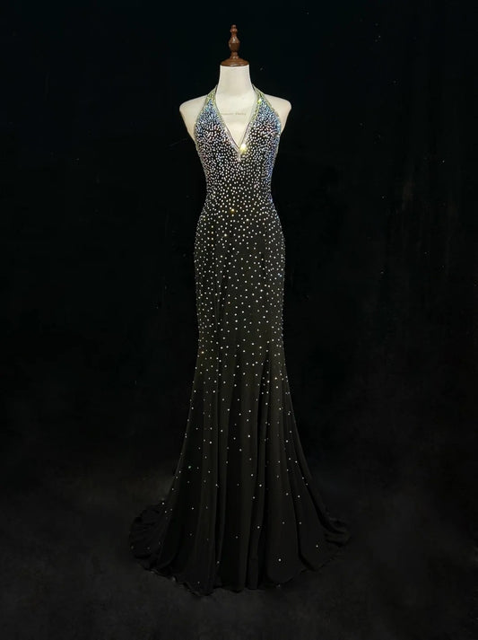 Vintage Meerjungfrau 2000er Schwarz Neckholder Ballkleid Lang Rückfrei Abschlussballkleider N2572