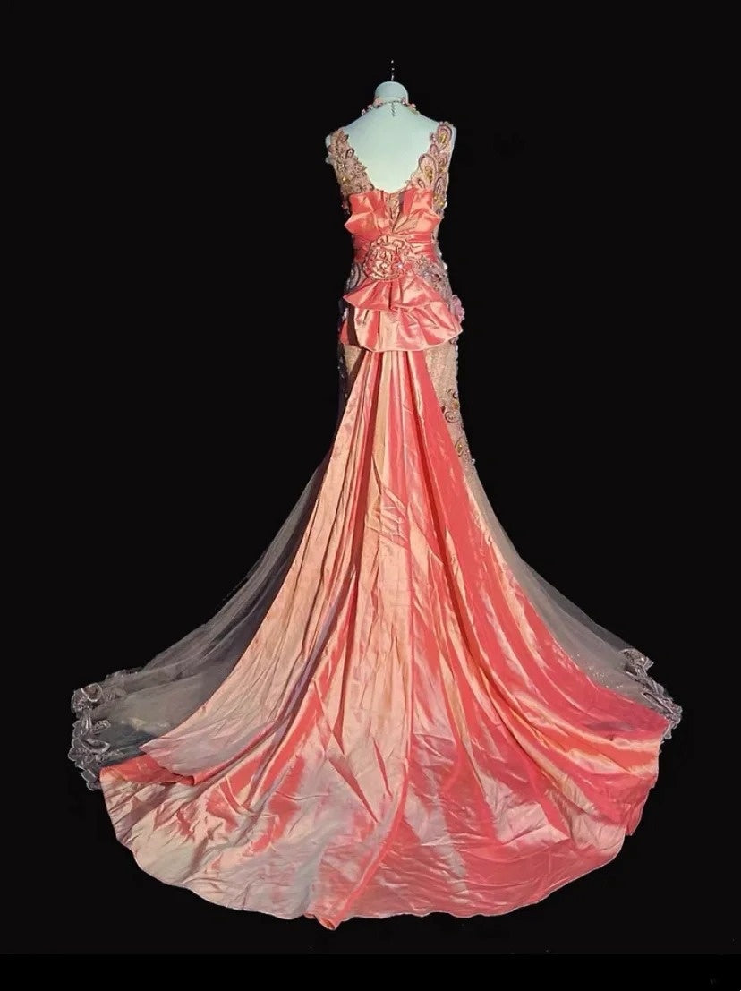 Vintage-Meerjungfrauen-Abschlussballkleider, Spaghettiträger, hellrosa, Pailletten und Spitze mit Blumen, lange Abendoutfits N3441