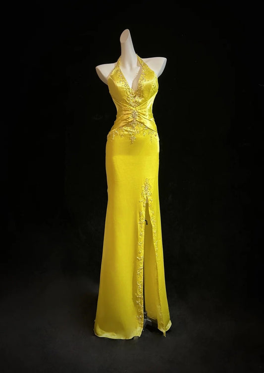 Vintage Prom Dresses Meerjungfrau Neckholder Gelb mit Spitze Perlenstickerei 80er Abendkleid RB3312